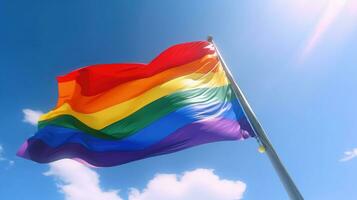arco iris gay bandera en azul cielo antecedentes. arco iris gay bandera. generativo ai foto