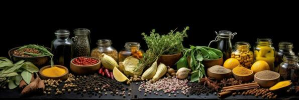 Wide variety spices and herbs on background of black table, with empty space for text or label. Spices and herbs for cooking. Generative Ai photo