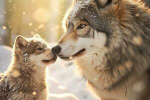 Mother wolf and wolf cubs in winter snow. Generative AI. photo