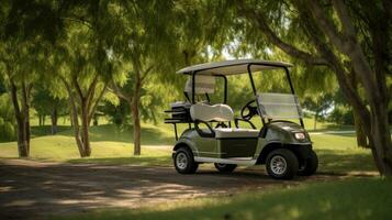 A Golf car, Golf car on the golf course. Generative Ai photo