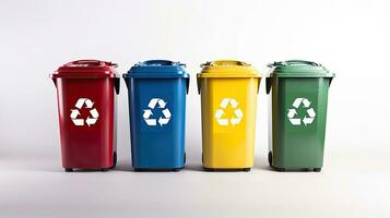 Collection of Yellow, Green, Blue and Red recycle bins with recycle symbol isolated on white background. Generative Ai photo