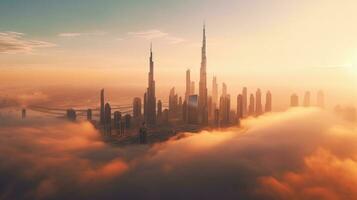 Aerial view of Dubai, United Arab Emirates foggy morning sunrise. Generative Ai photo