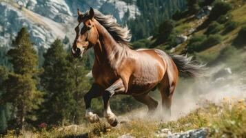 Alpine wild horse in nature. Generative AI. photo