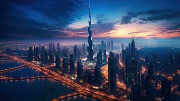 Aerial view of Dubai united arab emirates during twilight. Generative Ai photo