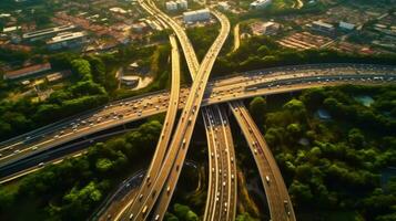 Aerial view of car traffic on multi lane highways or expressways, traffic in roundabouts is part of everyday life. Generative Ai photo