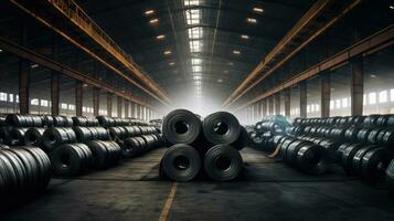 Amount of steel coils in warehouse, Heavy industries. Generative Ai photo