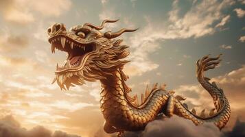 Chinese dragon flying in the sky at dawn. Dragon. Generative Ai photo