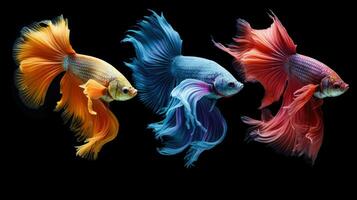 Set of Colorful Betta fish isolated on black background. Generative Ai photo