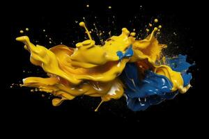 Mix yellow blue liquid splashes. oil or ink splashing dynamic motion, design elements for advertising isolated on black background. oil paint. Generative ai. photo