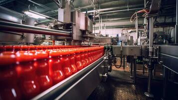 tomate jugo relleno máquina en industrial plantas. generativo ai foto