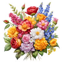 multicolore réaliste numérique peint fleurir bouquet, génératif ai png
