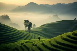 Aerial view of Golden and green terraced rice fields, beautiful China. Two Chinese farmers. Morning fog. Sunrise. High mountains. High - quality camera shot. photo