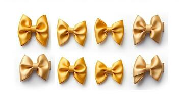 Set of decorative golden bows with horizontal yellow ribbon isolated on white background. Generative Ai photo