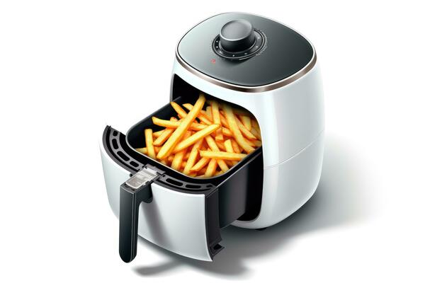 Air fryer or free oil machine with french fries on basket with small plant  and wooden table of the modern interior design kitchen, illustration created  by generative AI. ilustración de Stock