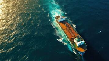 Aerial view of industrial crude oil and fuel tanker ship cruising deep blue open ocean sea. Generative Ai photo