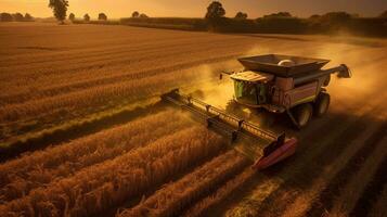 Aerial view of Combine harvester in corn field. agriculture. Generative Ai photo