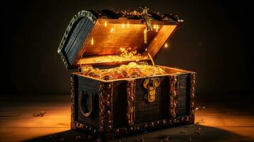 Open treasure chest with shinny gold. Generative Ai photo