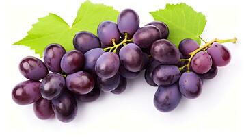 Fresh grapes with leaves isolated on white background. Generative Ai photo