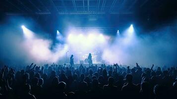 Silhouette of concert crowd in front of bright stage lights. Dark background, smoke, concert spotlights, disco ball. Crowd at Concert. Generative Ai photo