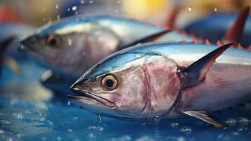 Tuna fish on ice in the market. Tuna. Generative Ai photo