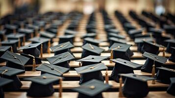 Large group of graduation caps during commencement. Generative Ai photo