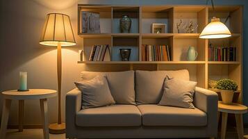 lámpara y estante para libros, vivo habitación con sofá. idea para interior diseño. generativo ai foto