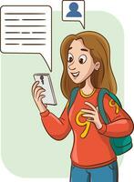 joven mujer comunicado con móvil teléfono. vector ilustración con habla burbujas