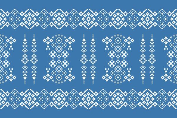Ethnic geometric fabric pattern Cross Stitch.Ikat embroidery Ethnic oriental Pixel pattern blue background. Abstract,vector,illustration. Texture,clothing,frame,decoration,motifs,silk wallpaper.