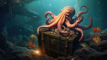 Octopus with Treasure chest underwater in ocean. Generative Ai photo