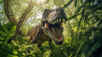 A Tyrannosaurus rex dinosaur in the jungle. Tyrannosaurus rex. Generative Ai photo