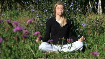 Woman meditating in the city park video