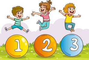 children reading a bvector illustration of kids learning math with colorful numbers.Concept Of Multi Colored Numbers.ook in the park vector