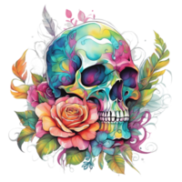 Abstract Watercolor Skull With Flowers, Watercolor Floral Skull Design For Halloween Day, Generative AI png