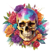 Abstract Watercolor Skull With Flowers, Watercolor Floral Skull Design For Halloween Day, Generative AI png