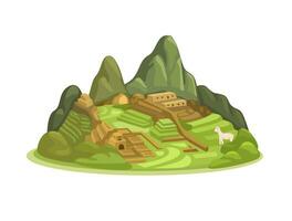 Machu Picchu Aka Lost City Of Inca Landmark Destination From Peru Cartoon Illustration Vector