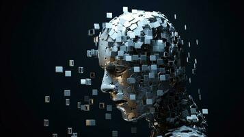 Artificial intelligence. Scattering head profile of a chrome-plated robot, black background. AI generated. photo
