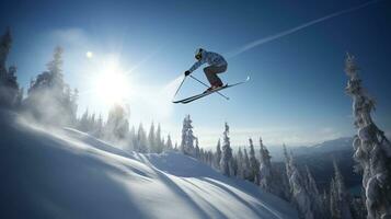 Skier in jump, background of snow-covered mountain descends in rays of the sun. AI generated. photo