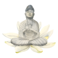 Buddha statue in lotus flower hand drawn watercolor illustration. Meditation element for yoga, buddhism and Nepal designs png