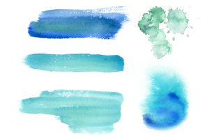 Teal blue green watercolor brush strokes, splashes and blots for sea or ocean nautical designs. Hand drawn artistic background png