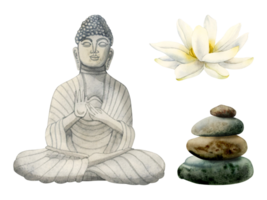 Watercolor Buddha illustration set with stone statue, balanced stones pyramid and lotus flowers. Design elements for meditation, yoga and Buddhism designs png