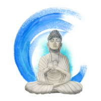 Buddha with sky blue round brush stroke hand drawn watercolor illustration. Meditation clipart for yoga and Buddhism designs png