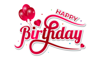 Happy birthday red typography text with balloons and hearts illustration png