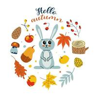 Hello autumn. Cartoon rabbit, hand drawing lettering. Card with leaves, autumn elements and cute forest animal on white background.Design for cards, print, poster. vector