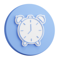 3D rendering of alarm clock circle plastic icon. Mechanical watch for measuring time. Realistic blue white PNG illustration isolated on transparent background