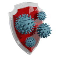 3D rendering of red crystal viruses and bacteria attack strong shield. Prevention of infection with dangerous diseases. Realistic PNG illustration isolated on transparent background