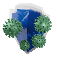 3D rendering of isometric viruses and bacteria attack strong shield. Prevention of infection with dangerous diseases. Realistic PNG illustration isolated on transparent background