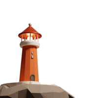 3D rendering of lighthouse on rock with burning searchlight bottom view. Navigation difficult area. Realistic PNG illustration isolated on transparent background