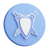 3D button rendering of pair of crossed knight swords against background of shield. Emblem of old royal family. Realistic blue white PNG illustration isolated on transparent background