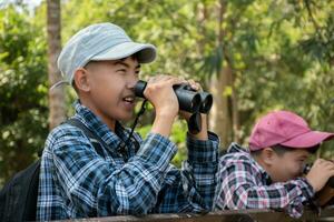 Asian boy in plaid shirt and cap doing the summer activity at local national park by watching birds, fish, insects, animals, trees, flower by using map and binoculars, soft and selective focus. photo