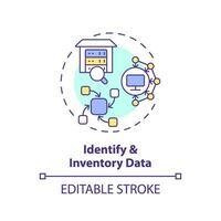 editable identificar y inventario datos concepto Delgado línea icono, aislado vector representando datos democratización.